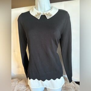 ADRIANNA PAPELL Sz S Rhinestone Collar Scalloped Hem Long Sleeve TWOFER Sweater